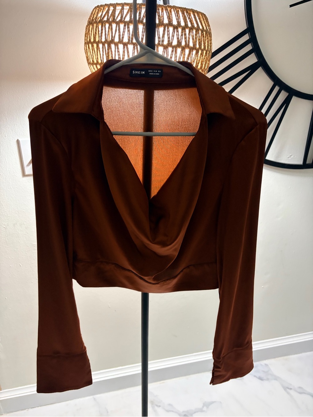 SHEIN Brown Draped Cowl Neck Long Sleeve Blouse